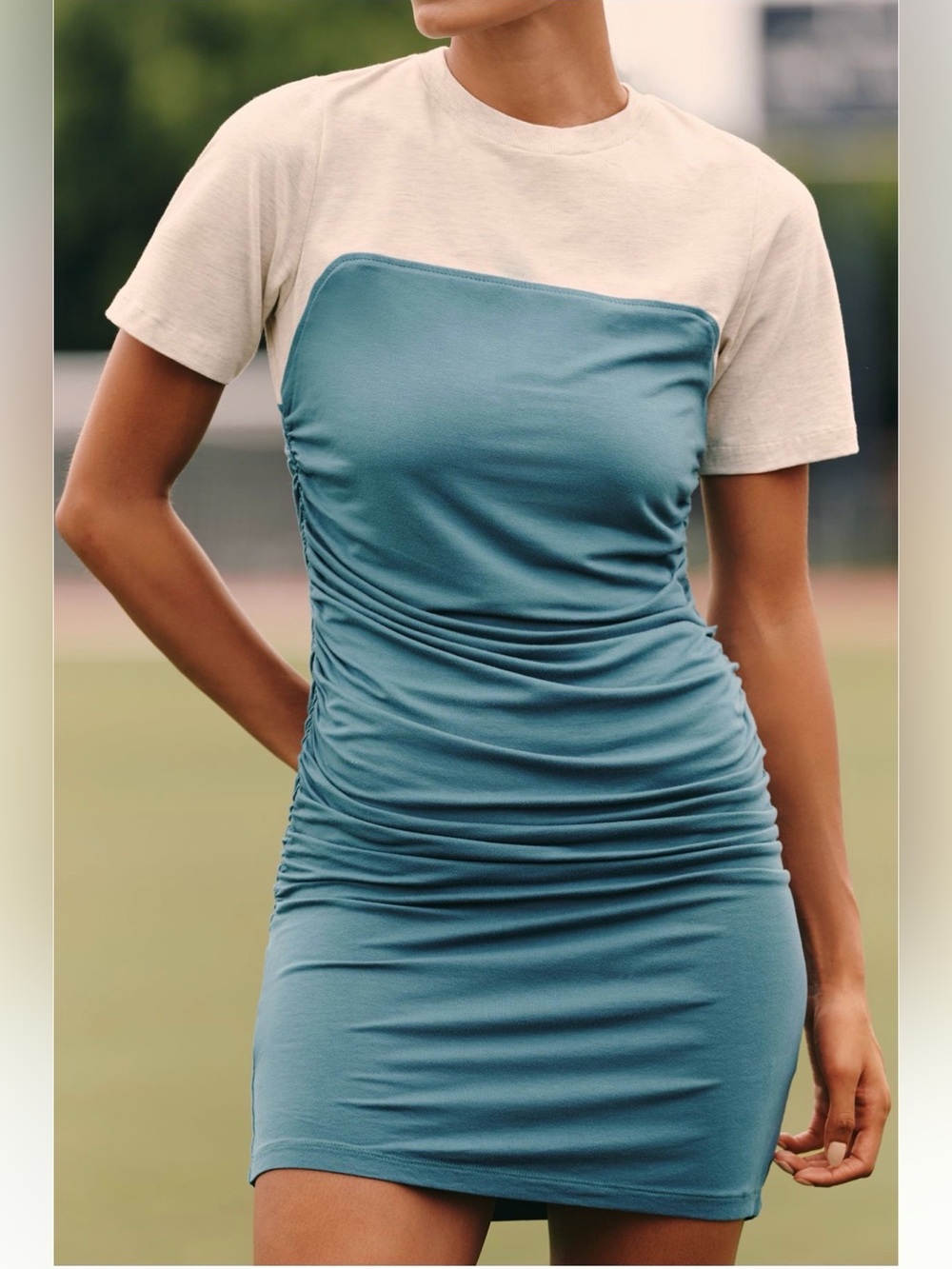 Anthropologie Daily Practice Colorblock Side-Ruched Mini Dress - Green & White